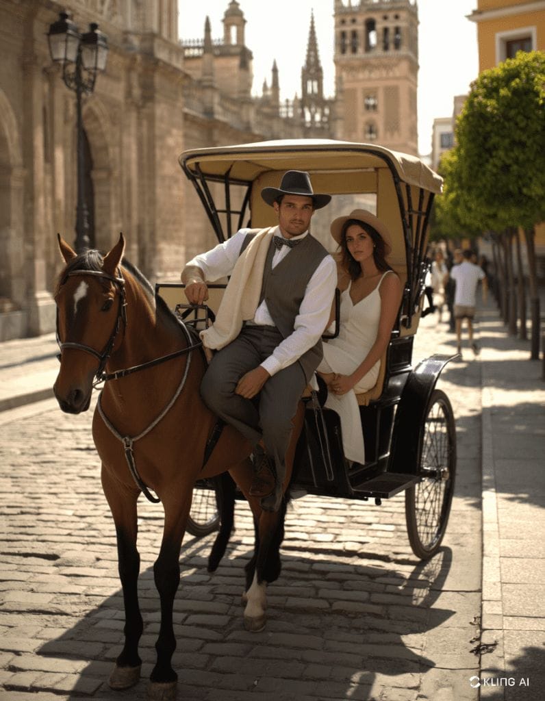 Un homme et une femme élégants, assis dans une calèche traditionnelle tirée par un cheval, traversent une rue pavée de Séville. En arrière-plan, la majestueuse cathédrale de Séville et la Giralda se dressent sous un ciel ensoleillé. L'atmosphère est chaleureuse et romantique, évoquant un séjour inoubliable dans la ville andalouse.